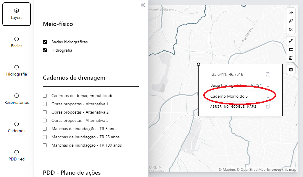 Legenda dos layers de obras dos cadernos de drenagem