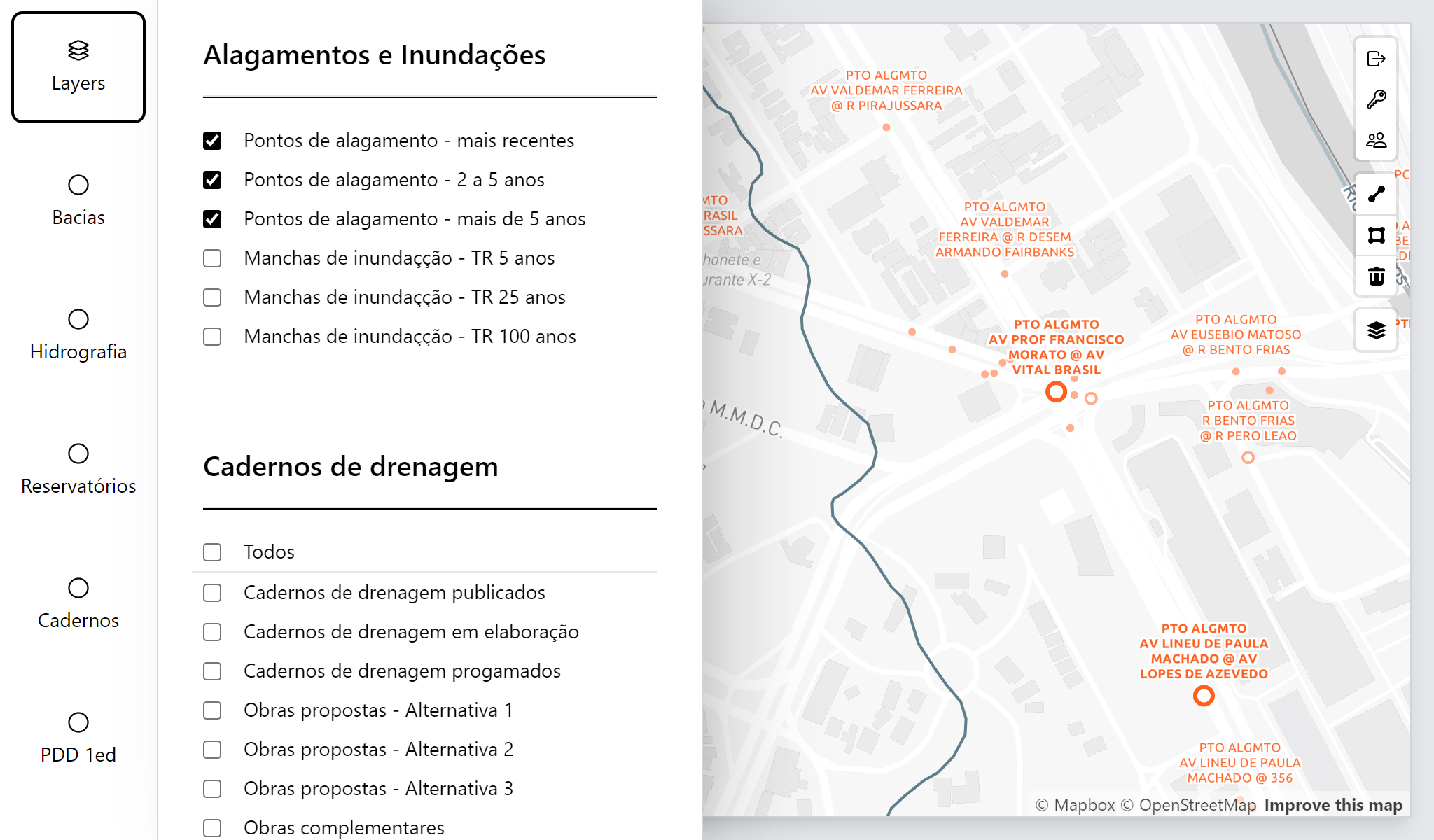 Layers com classificação de pontos de alagamento