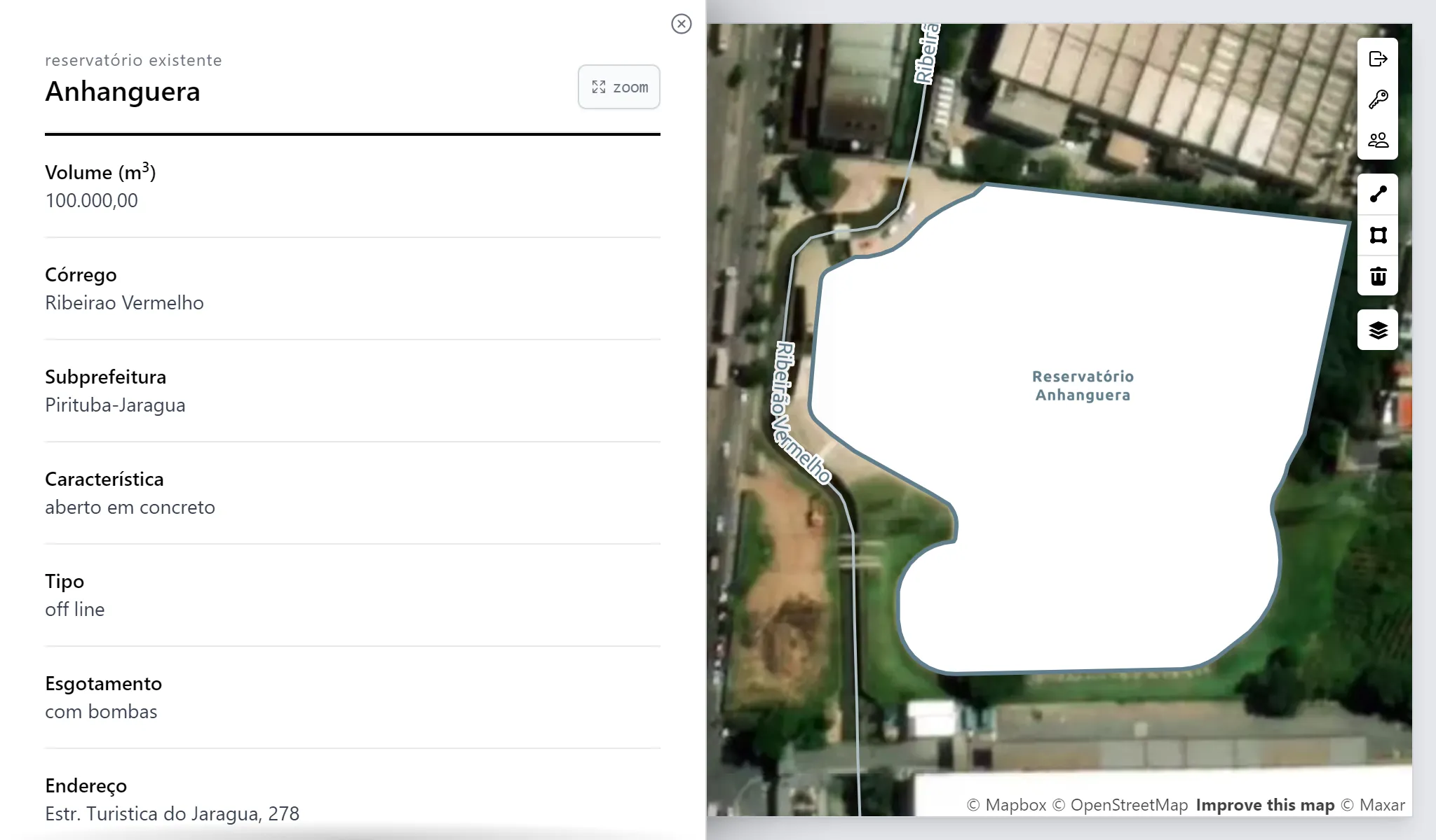 Reservatório Anhanguera destacado com fundo de imagem de satélite